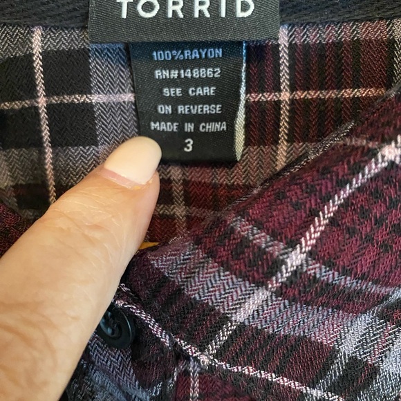 Torrid Burgundy Plaid Shirt with Lace Detail - Picture 7 of 13